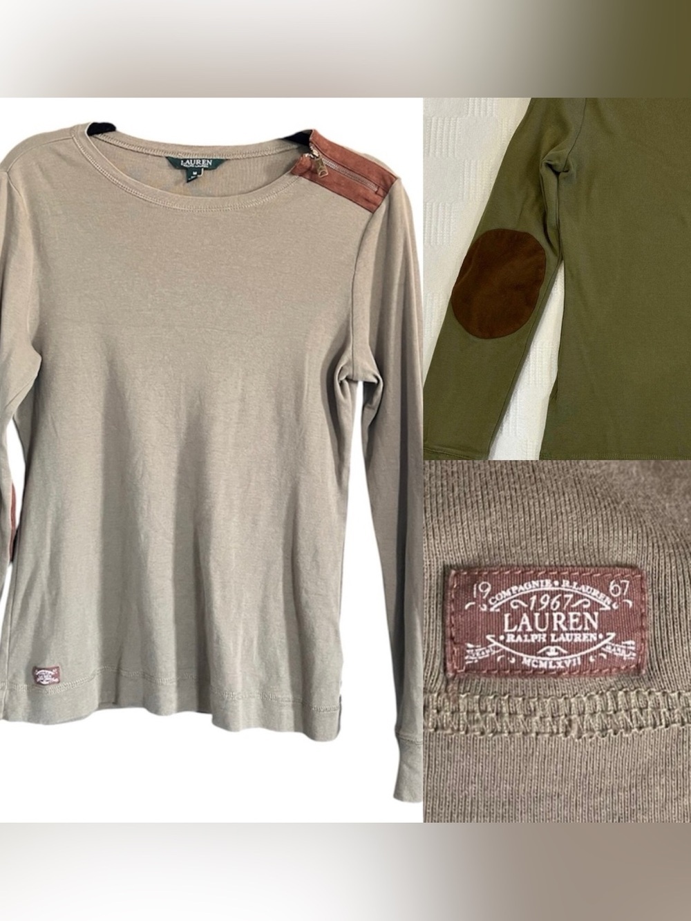 EUC Lauren Ralph Lauren Ribbed Elbow Patch Long Sleeve Tee Green size M